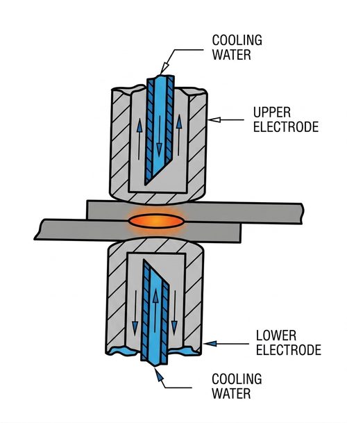 Diagram showing water cooling flow through upper and lower spot welding electrodes